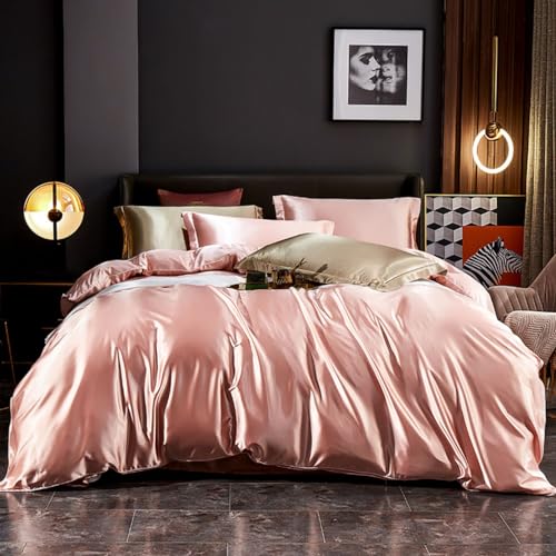 Freyamy Satin Bettwäsche 135x200cm 2teilig Rosa Uni Seidig Glatt Luxus Bettwaren-Sets Unifarben Seide Glänzend Sommerbettwäsche Kühlender Bettbezug mit Reißverschluss und Kissenbezug 80x80cm