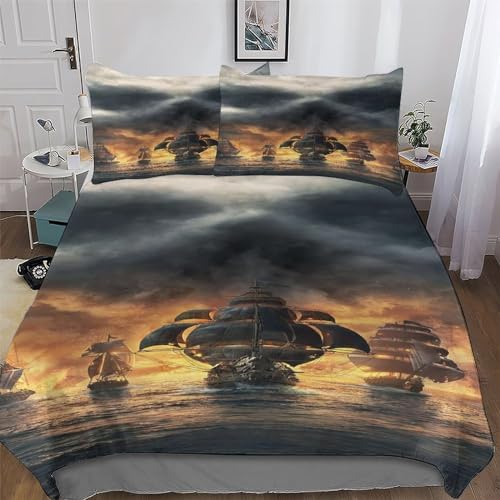 Schädel Pirate Ship Bettwäsche Set Soft Atmungsaktive 3D Bettbezüge 2teilig, Jungen Mädchen Bettwaren, Gebürstet Mikrofaser Angenehme Bettbezug + Kissenbezug Single (135x200cm)