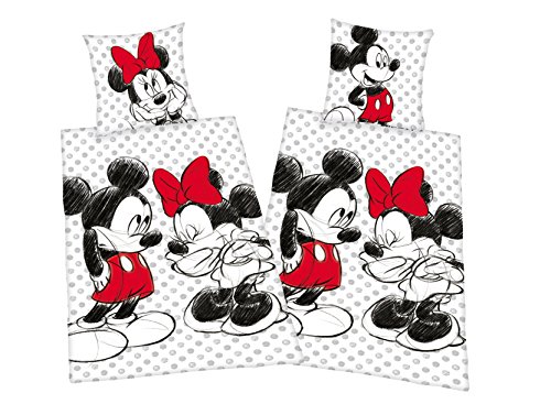 Disney Mickey & Minnie Mouse Partner Bettwäsche Doppelpack 80x80cm 135x200cm, 100% Baumwolle mit Reißverschluss