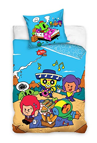 Familando Brawl Stars Bettwäsche für Jungen · Kinderbettwäsche 135x200 80x80 cm aus 100% Baumwolle mit Reißverschluss Linon Qualität · Motiv EL Primo blau