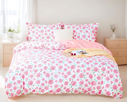 Menkala Bettwäsche Blumen 140x200 Rosa Rosen Aesthetic Bettwäsche-Sets 2 Teilig Vintage Blümchen Renforce Mikrofaser Bettbezug mit Reißverschluss und 1 Kissenbezug 70x90 cm