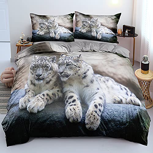 DXHOME Leopard Bettwäsche 135x200 3D Effekt Tiermotiv Bettwäsche 2er Set Weich Gemütlich Weiß Mikrofaser Wendebettwäsche für Jugendliche Kinder Einzelbett mit Reißverschluss und Kissenbezug 80x80 cm