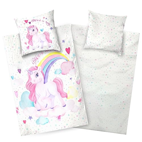 Aminata kids Einhorn Bettwäsche 135x200 Mädchen Biber Flanell Baumwolle - weiß rosa - Regenbogen Reißverschluss ÖkoTex - Herzen Sterne - Tier-Pferde-Motiv warm & weich