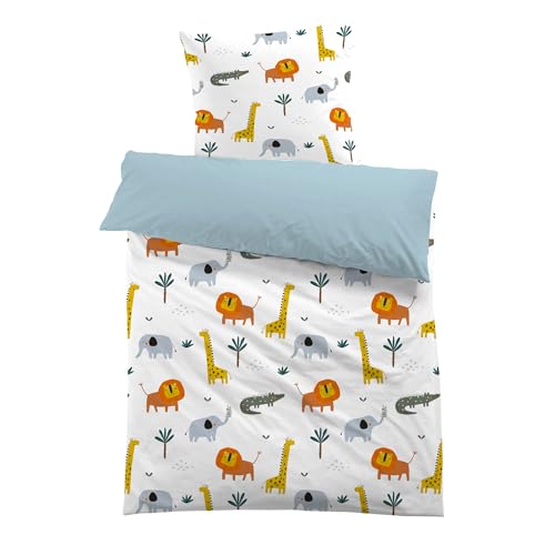 MUSOLEI Kinderbettwäsche 135x200 Tiere Bettwäsche Kinder Mädchen Löwe Elefant Krokodil Jungen Blau 3D-Druck Mikrofaser Bettbezug und 1 Kissenbezug 80X80cm Bettwäsche-Set für Einzelbett, Tiere 01