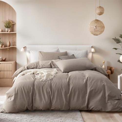 Gezu Bettwäsche 155x220 Baumwolle Braun Khaki Taupe 3 Teilig Beige Leinenfarbe Uni Unifarben Doppelbett Bettwäsche Set Weiche Baumwollgefühl Bettbezug und Kissenbezüge 80x80cm mit Reissverschluss