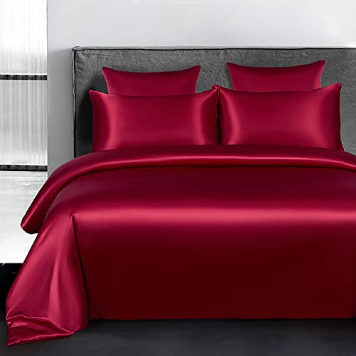 Omela Bettwäsche Satin 135x200 4teilig Weinrot Einfarbig Glatt Glänzend Bettbezüge mit Reißverschluss 100% Glanzsatin Polyester Sommerbettwäsche Set Kissenbezüge 80x80 cm