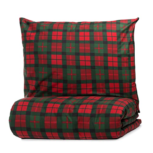 HOMLA Tartan Weihnachts Bettwäsche Set - 1 x Bettbezug 200 x 220 cm für Doppelbetten - 2 x Kissenbezug 70 x 80 cm - Kariertes Rot- und Grünmuster 100% Baumwolle