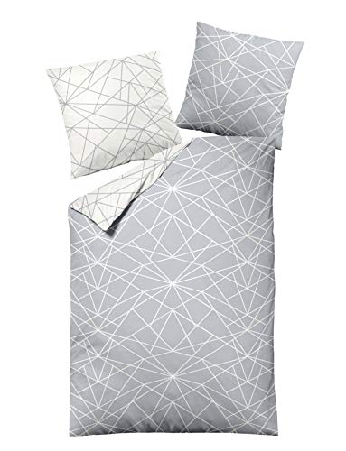 Dormisette Biber Bettwäsche 2tlg grau Silber 65101-08 | Bettwäsche-Set aus 100% Baumwolle | 2 teilige Wende 135x200 cm & Kissen 80x80 cm | Geometrisches Muster