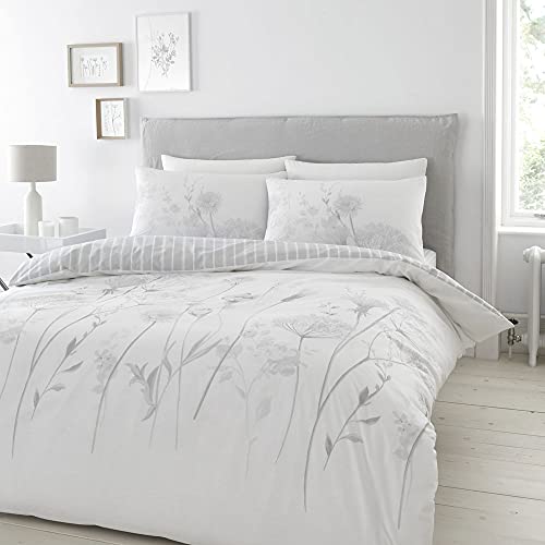 Catherine Lansfield Bedding Meadowsweet Floral Super King Duvet Cover Set with Pillowcases Pink Grey