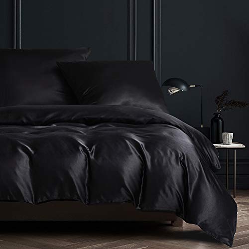 Nyescasa Bettwäsche 135x200 4teilig Schwarz Einfarbig Unifarben Glatt Satin Bettbezug mit Reißverschluss 100% Seidenfeeling Glanzsatin Polyester Doppelbett Deckenbezug und 2 Kissenbezug 80x80cm