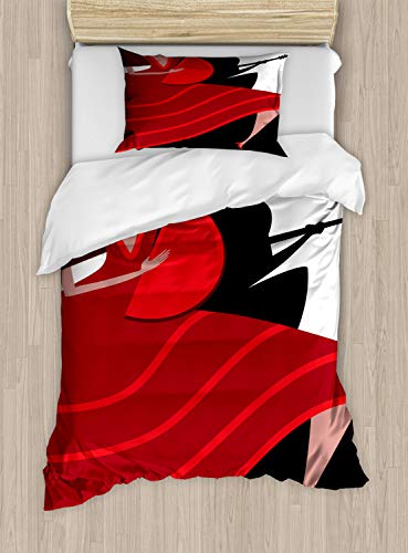 ABAKUHAUS Spanisch Bettbezug Set für Einzelbetten, Baile Flamenco Theme, Milbensicher Allergiker geeignet mit Kissenbezug, 130 x 200 cm - 70 x 50 cm, Red Vermilion Schwarz