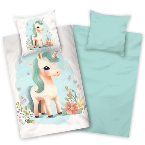 Aminata kids Bettwäsche 135x200 Biber Einhorn Motiv Kinder Mädchen Baumwolle Türkis YKK Reißverschluss   Pony Bettwäsche Set Warm, Weich & Kuschelig   Flanell Tier Motiv