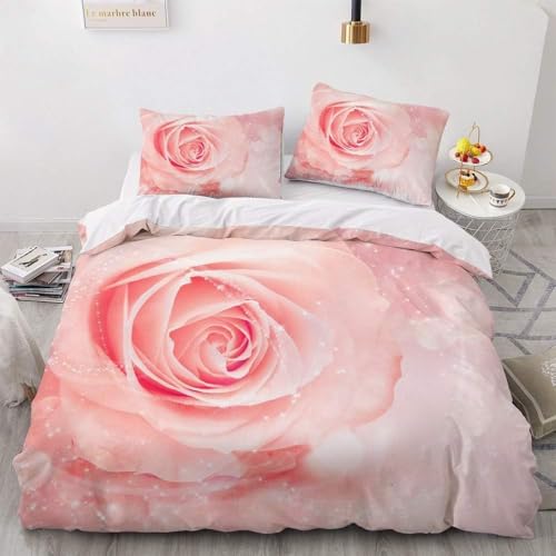 TMMDH BettwäSche 155x220 Rosa 3D Druck BettwäSche-Sets Rose Mikrofaser Bettbezug Set Weiche und Angenehme Deckenbezug mit ReißVerschluss und 2 Kissenbezug 80x80 cm