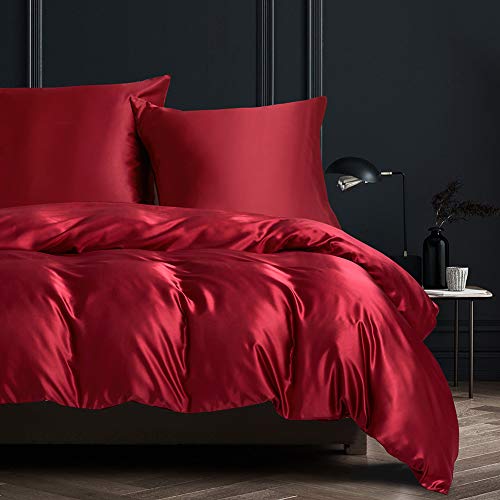 Nyescasa Bettwäsche 135x200 Rot Weinrot Uni Einfarbig Glatt Seidenweich Bettbezug 100% Bequem Satin Polyester Einzelbett Deckenbezug mit Reißverschluss und Kissenbezug 80x80cm