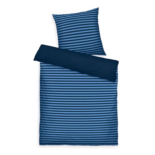 TOM TAILOR Renforcé-Bettwäsche, 80x80 cm + 135x200 cm, 100% Baumwolle/ Renforcé, mit Wendemotiv und farbigem Markenreißverschluss, MEDIUM STRIPES Blau (Dark Navy & Cool Blue)