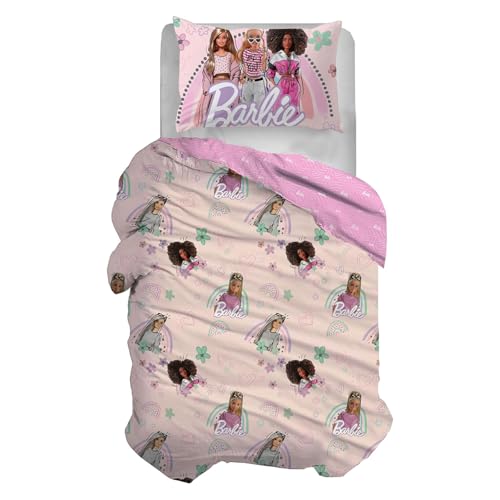 hermet Barbie, Bettbezug für Einzelbett, Rosa, Schlafsack + Kissenbezug, 100% Baumwolle, Set für Kinderzimmer, offizielles Produkt