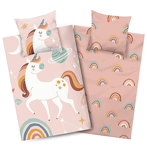 Aminata kids Bettwäsche 135x200 Biber Einhorn Regenbogen-Motiv Kinder Mädchen Baumwolle Rosa YKK Reißverschluss - Einhorn-Wende-Bettwäsche -Set Warm, Weich & Kuschelig - Flanell Tier-Motiv