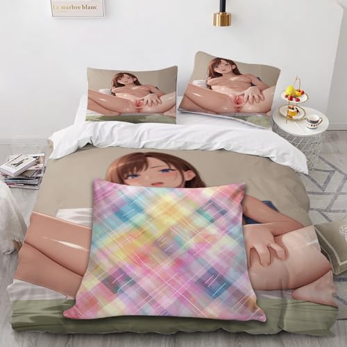 SPECUFX sexy Anime Hentai 3 Teilig Bettwäsche 135x200 Bettbezüge Bequeme Weihnachten Hypoallergene leichteLuxus Bettwäscheset 135x200cm Bettbezug Set 2 Kissenbezug 80x80cm Hidden Reißverschluss