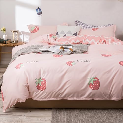 Nayoroom Bettwäsche Erdbeeren 135x200 4teilig Rosa Kawaii Style Bettbezug und 2 x Kissenbezug 80x80 cm Pink Weiß Gestreift Wende Bettwäsche Set mit Reißverschluss