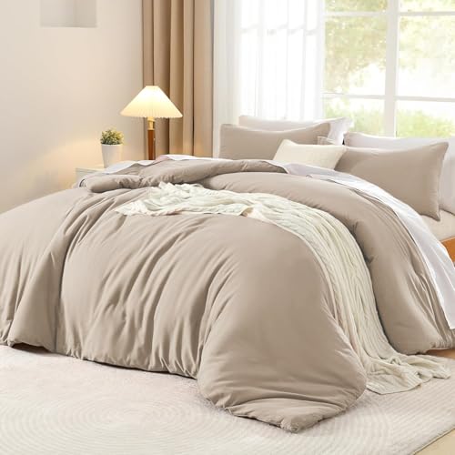 Luofanfei Baumwolle Bettwäsche 220x240 Beige Khaki Taupe Einfarbig Muster Renforce Baumwollbettwäsche Premium Uni Modern Weiche Bettbezuge und Kissenbeüge 80x80 cm mit Reißverschluss