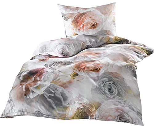 Edle Mako Satin Rosen Bettwäsche grau rosé 135x200 + 80x80 100% Baumwolle