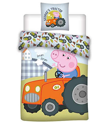 036 Bettwäsche, Peppa Pig Georges Traktor, wendbare Bettwäsche, Kissenbezug 40 x 60 cm + Bettbezug 100 x 135 cm, 100% Baumwolle X