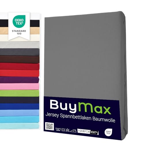 Buymax Spannbettlaken 90x200cm Doppelpack 100% Baumwolle Spannbetttuch Bettlaken Jersey, Matratzenhöhe bis 25 cm, Farbe Anthrazit-Grau