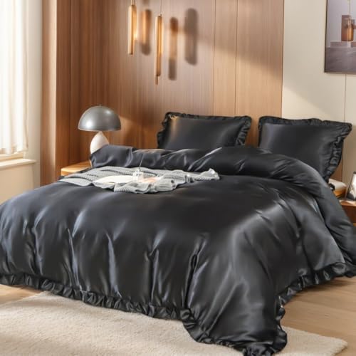 Nayoroom Satin Bettwäsche 135x200 Schwarz Seide Bettwäsche mit Rüschen Set 2 Teilig Luxus Mako Satin Bettbezug Aesthetic Glänzend Seidenbettwäsche mit Reißverschluss und Seidenkissenbezug 80x80 cm