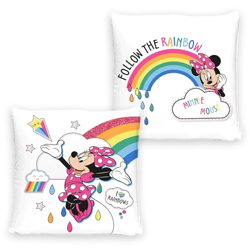 Minnie Mouse Kissen Rainbow 40cm x 40cm Dekokissen Kuschelkissen Wendekissen Kinderkissen Schmusekissen Kopfkissen Disney Mickey Maus Daisy Donald Goofy Vorder- und Rückseite passend zur Bettwäsche