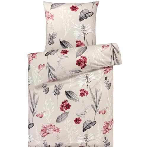 Pure Label Blumen Bettwäsche 135x200 cm mit einem Kissenbezug 80x80 cm - Traumhaft weiches Bettwäsche-Sets 135 x 200 cm in Taupe aus 100% Baumwolle mit YKK Reißverschluss