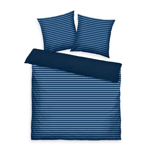 TOM TAILOR Renforcé-Bettwäsche, 2*80x80 cm + 200x220 cm, 100% Baumwolle/ Renforcé, mit Wendemotiv und farbigem Markenreißverschluss, MEDIUM STRIPES Blau (Dark Navy & Cool Blue)