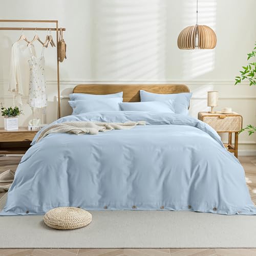 JELLYMONI Hellblauer Bettbezug für King-Size-Betten: 100 % gewaschene Baumwolle, leinenähnlich, strukturiert, 3-teilig, atmungsaktiv, weiches Bettwäsche-Set mit Knopfverschluss (Hellblau, King-Size:
