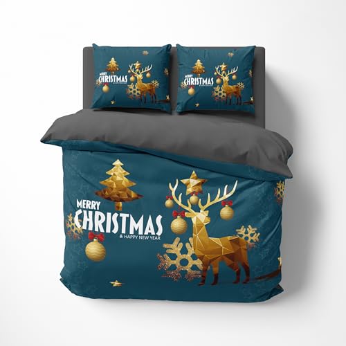 FEBE 3D Bettwäsche Merry Christmas Weihnachten Bettbezug-Set 135x200 + Kissenbezug 80x80 cm Wendebettwäsche 2 Teilig mit Reißverschluss Mikrofaser Winterbettwäsche Duvet Cover