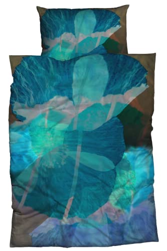 CASATEX Satin Bettwäsche Mistral Made in Green Reine Baumwolle Produktion Europa | Bettwäsche-Set hochwertiger Digitaldruck Blätter Farbverlauf Aqua blau türkis braun 135 cm x 200 cm Aqua blau