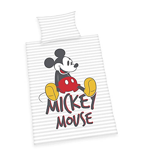 Herding Disney's Mickey Mouse Bettwäsche-Set, Kopfkissenbezug 40 x 60 cm mit Hoteleinschlag, Bettbezug 100 x 135 cm, Mit leichtläufigem Reißverschluss, 100% Baumwolle/Linon