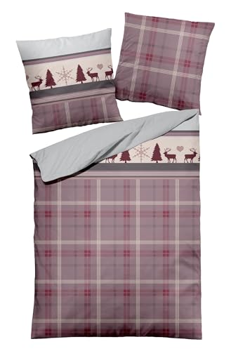 Carpe Sonno warme Biber Bettwäsche 135x200 - Kuschelige Winterbettwäsche aus 100% Baumwolle - Flanell Bettwäsche Winter 135 x 200 mit Kopfkissen-Bezug - Hirsch Elch Rot