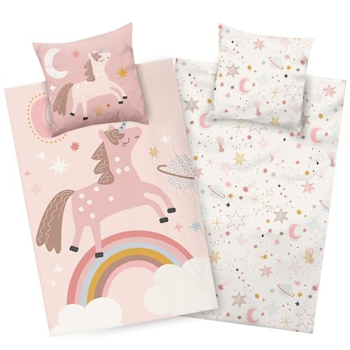 Aminata kids Bettwäsche Einhorn 135x200 Mädchen Mikrofaser beige Regenbogen Kinder-Wende-Bettwäsche- Set YKK Reißverschluss - Bügelfrei - Tier-Motiv Pferde-Bettwäsche-Motiv Unicorn