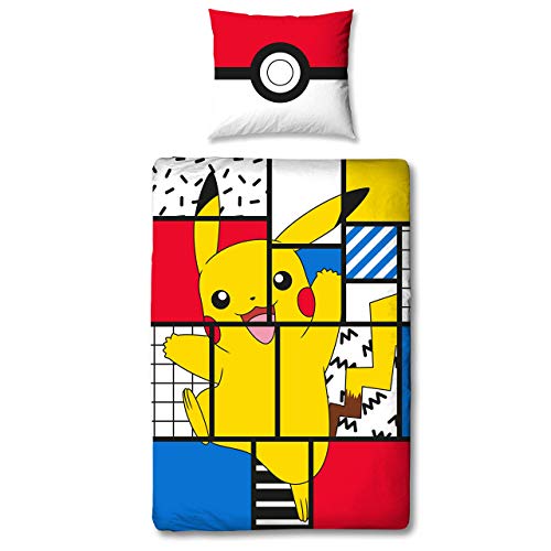 Character World Pokemon Bettwäsche Set Pikachu 135x200 cm + 80x80 cm Deutsche Größe 100% Baumwolle 2 teilig für Jugendliche Kinder