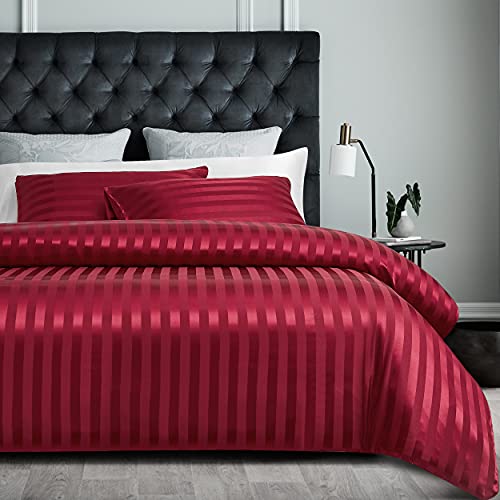 Damier Bettwäsche 135x200cm Rot Satin gestreift Bettbezug Set Seidig glänzend hochwertiges Satin Bettbezug mit verdecktem Reißverschluss und Kissenbezug 80 × 80 cm, Weinrot