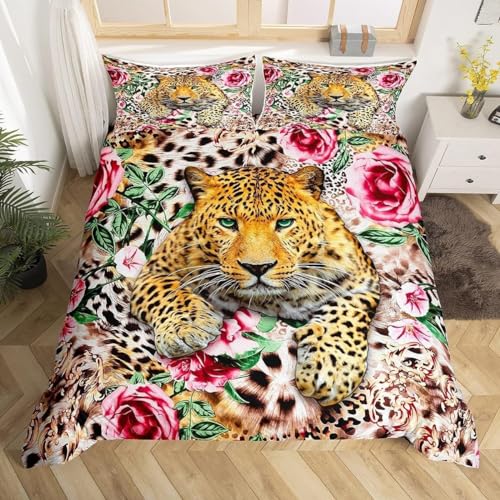 EXSANLIEAY Leopard Bettwäsche 200x220 Rose Bettbezug mit ReißVerschluss und 2 Kissenbezug 80x80 cm, Atmungsaktiv Hautfreundlich Superweicher Bettwäsche-Set