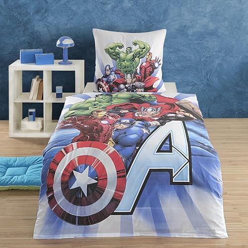 Familando Avengers Bettwäsche für Jungen und Mädchen aus 100% Baumwolle mit Reißverschluss · Kinderbettwäsche 135x200 80x80 cm in Weiß Blau mit Hulk, Thor, Iron Man und CPT. America