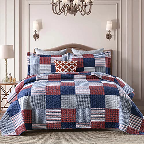 Finlonte Quilts Queen-Size-Sets, 100 % Baumwolle, leicht, Queen-Size-Bettwäsche-Se t, blau, rot, weiß, kariert, Patchwork, Queen-Size-Bettwäsche-Se t für alle Jahreszeiten, 3-teilig