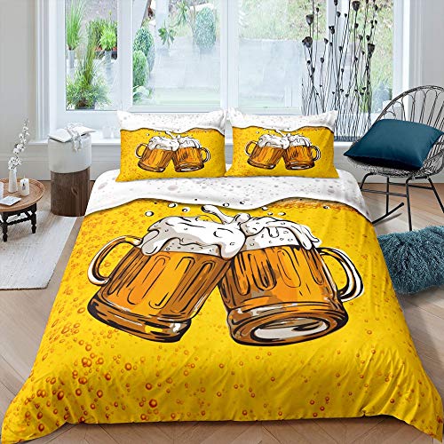 feelingyou Bier Bettwäsche-Set Zwei Bierkrüge weißer Schaum Bettwäsche Set 135x200cm Goldene Getränke Betten Set für Kinder Jungen Mädchen Teenager 2St.Reißverschluss Mikrofaser