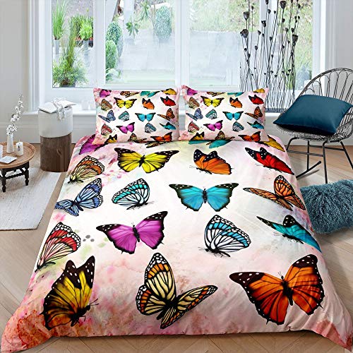 Homewish Schmetterling Bettwäsche Set Rosa Tie Dye Bettdecke Abdeckung Fantasy Schmetterlinge Tröster Abdeckung für Kinder Mädchen Frauen Fee Monarch Insekt Tier Garten Thema 135×200 Petrol Braun