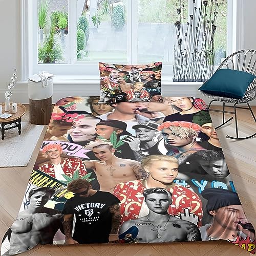 GIOSBR Justin Bieber Bettbezug Set Bettwäschegarnitur Für Kinder Mädchen Jungen 3D Gedruckter Reissverschluss Und Kissenbezüge Bettwäsche Weich Microfaser 2 Teilig Single?135x200cm?