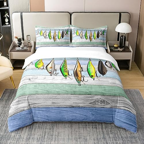 100% Baumwolle Bunte Fisch Bettwäsche Set 135x200,Fisch Haken Angeln Bettbezug für Kinder Teens,Rustikale Bauernhaus Tröster Abdeckung für Schlafzimmer,Westliche Kunst Bettwäsche mit 1 Kissenbezug