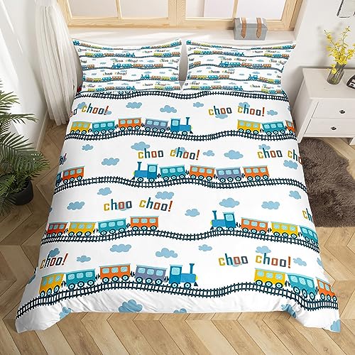 Bunte Zug Bettwäsche Set S Größe Cartoon Auto Bettbezug Set Blaue Zug Gleise Wolke Tröster Abdeckung Kinder Jungen Mädchen Teens Zimmer Dekor Transport Fahrzeuge Quilt Cover,1 Kissenbezug